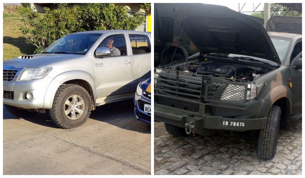 No lado esquerdo, a picape apreendida pela PRF e do lado direto o veículo que tem a placa original | Foto: PRF/Divulgação 