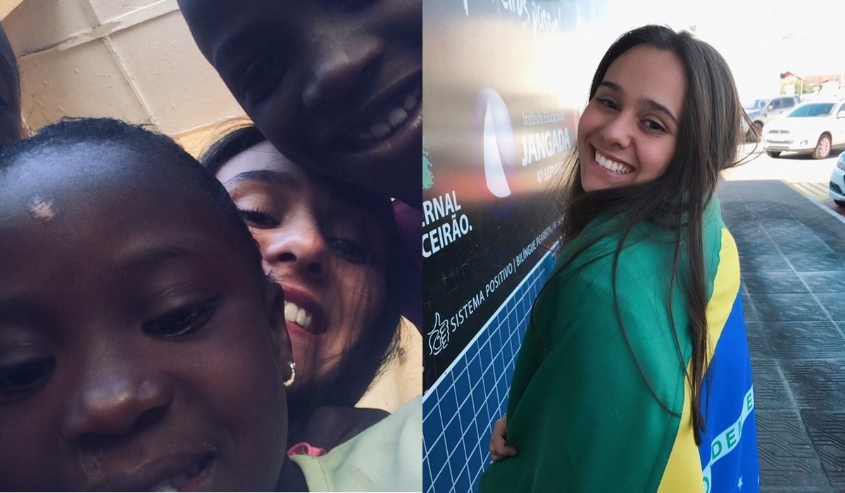 Crianças nigerianas e mulher enrolada com a bandeira do Brasil