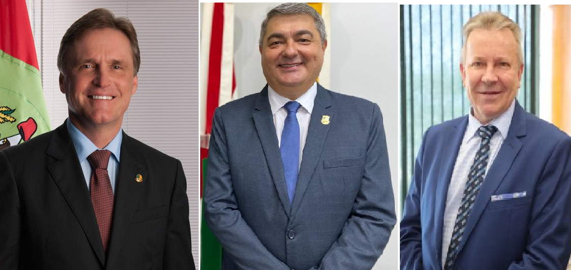 O senador Berger, o prefeito Lunelli (C) e o presidente do MDB Maldaner, têm interesse em concorrer ao governo do Estado| Fotomontagem