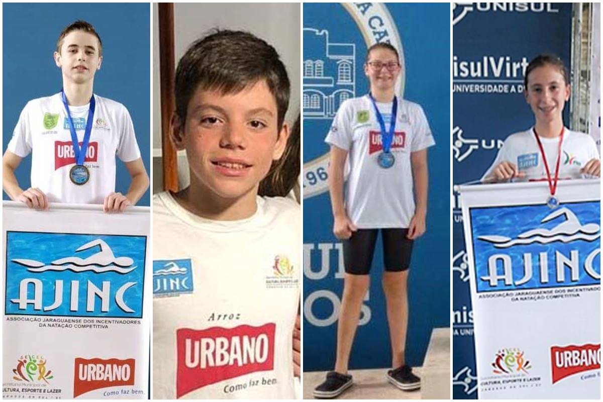 Os nadadores Guilherme Kanzler (E), Yuri Bialeski,, Aline Pauli e Letícia Pelis foram chamados para seleção catarinense | Fotos: Divulgação