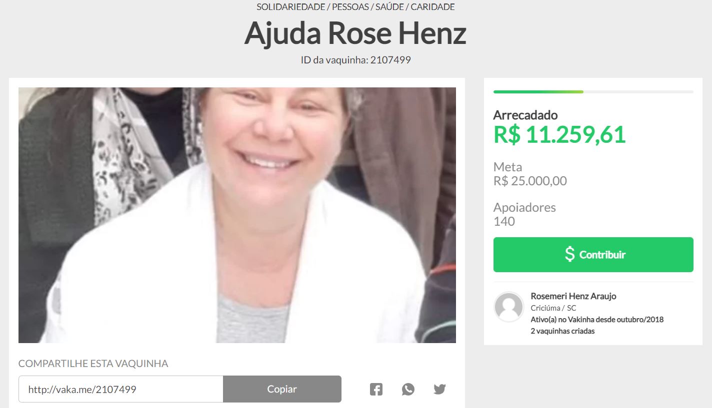 Em arrecadação online, criciumense pede apoio para buscar tratamento contra o câncer em Porto Alegre