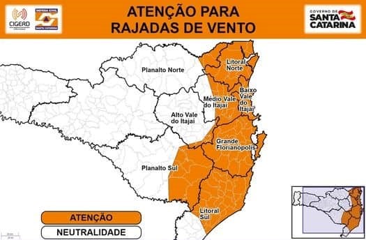 Novo alerta aponta a possibilidade de ventos de até 89 km/h em Jaraguá do Sul e região