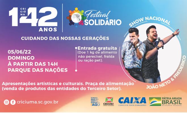 Show nacional gratuito com João Neto e Frederico em comemoração aos 142 anos de Criciúma