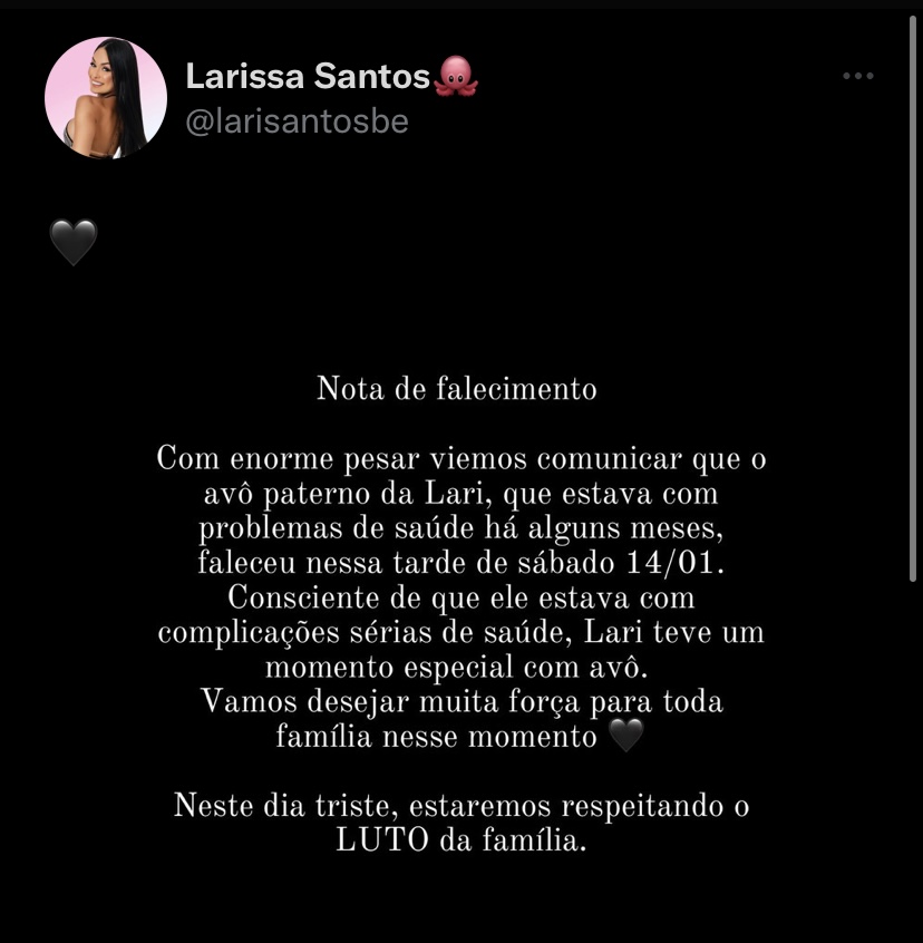 BBB23: Avô da criciumense Larissa Santos faleceu na tarde deste sábado